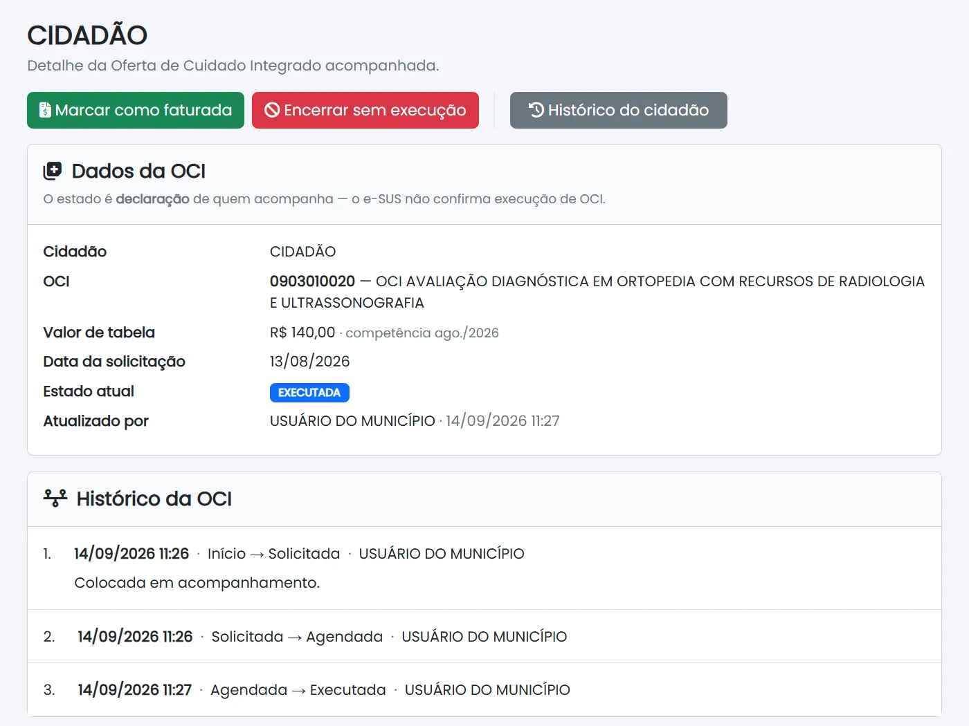 Detalhe de uma OCI acompanhada no Painel BRSUS: estado Executada, histórico Solicitada, Agendada e Executada, e o botão Marcar como faturada
