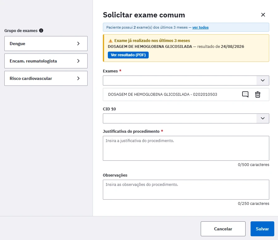 Modal Solicitar exame comum do PEC e-SUS com o aviso da extensão BRSUS: exame já realizado nos últimos 3 meses, data do resultado e botão Ver resultado (PDF)