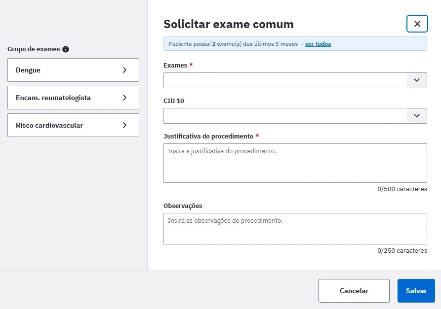 Modal Solicitar exame comum do PEC e-SUS com a faixa da extensão BRSUS: paciente possui 2 exames dos últimos 3 meses, com o link ver todos