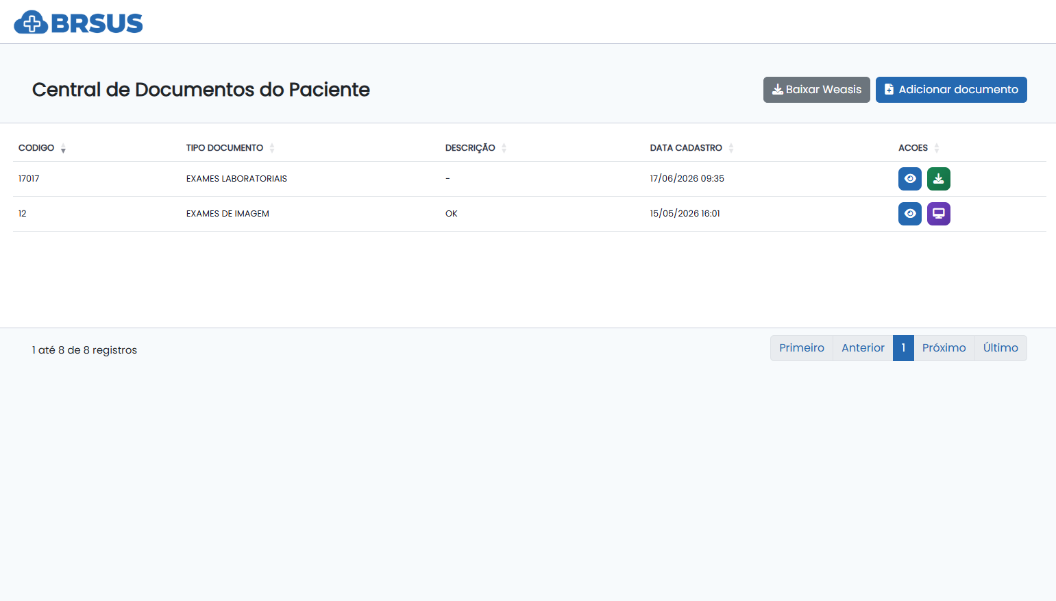 Central de Documentos do Paciente: exames laboratoriais e exames de imagem listados com visualização, download e abertura do DICOM no Weasis
