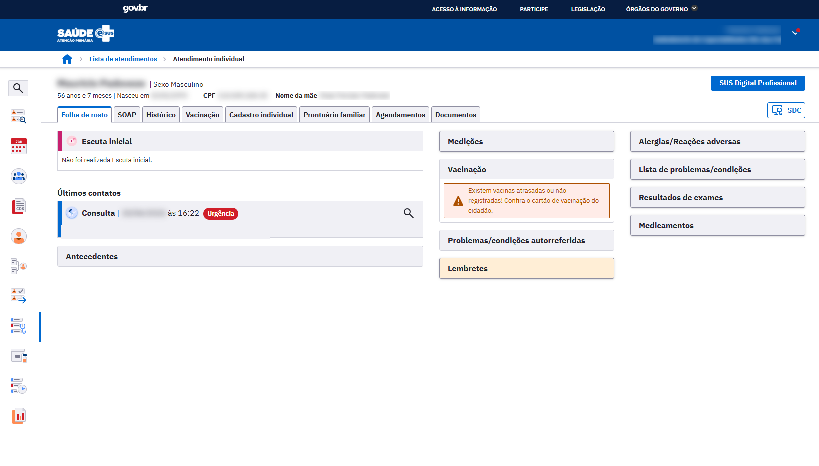 Atendimento individual no PEC e-SUS com a aba Documentos adicionada pela extensão BRSUS ao lado das abas nativas do prontuário
