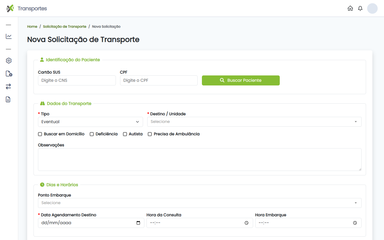 Tela de nova solicitação de transporte do Sistema BRSUS: identificação do paciente por CNS ou CPF, dados do transporte com opções de acessibilidade, dias e horários de embarque